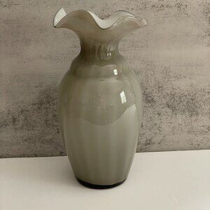 Vintage Hand Blown Cased Glass Ruffled Rim Grey Greige Cream Flower Vase 8"